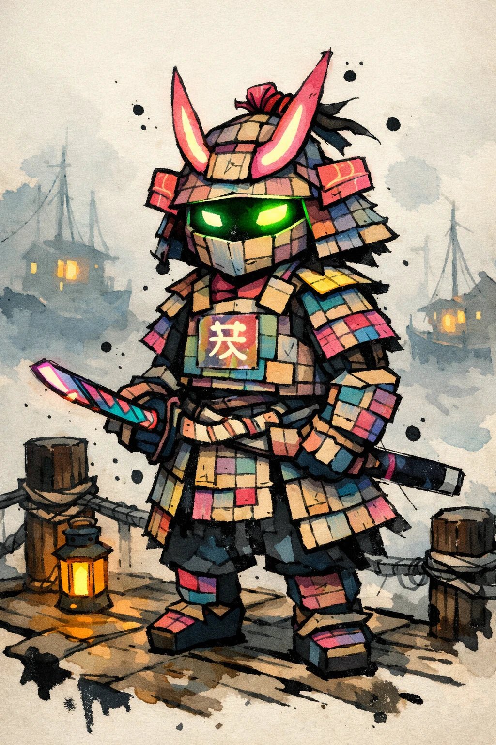 Example output from the Stylized Naive Character Illustrations ChatGPT prompt: a naive ink and watercolour illustration of a warrior in patchwork samurai armour with glowing green eyes on a dock.