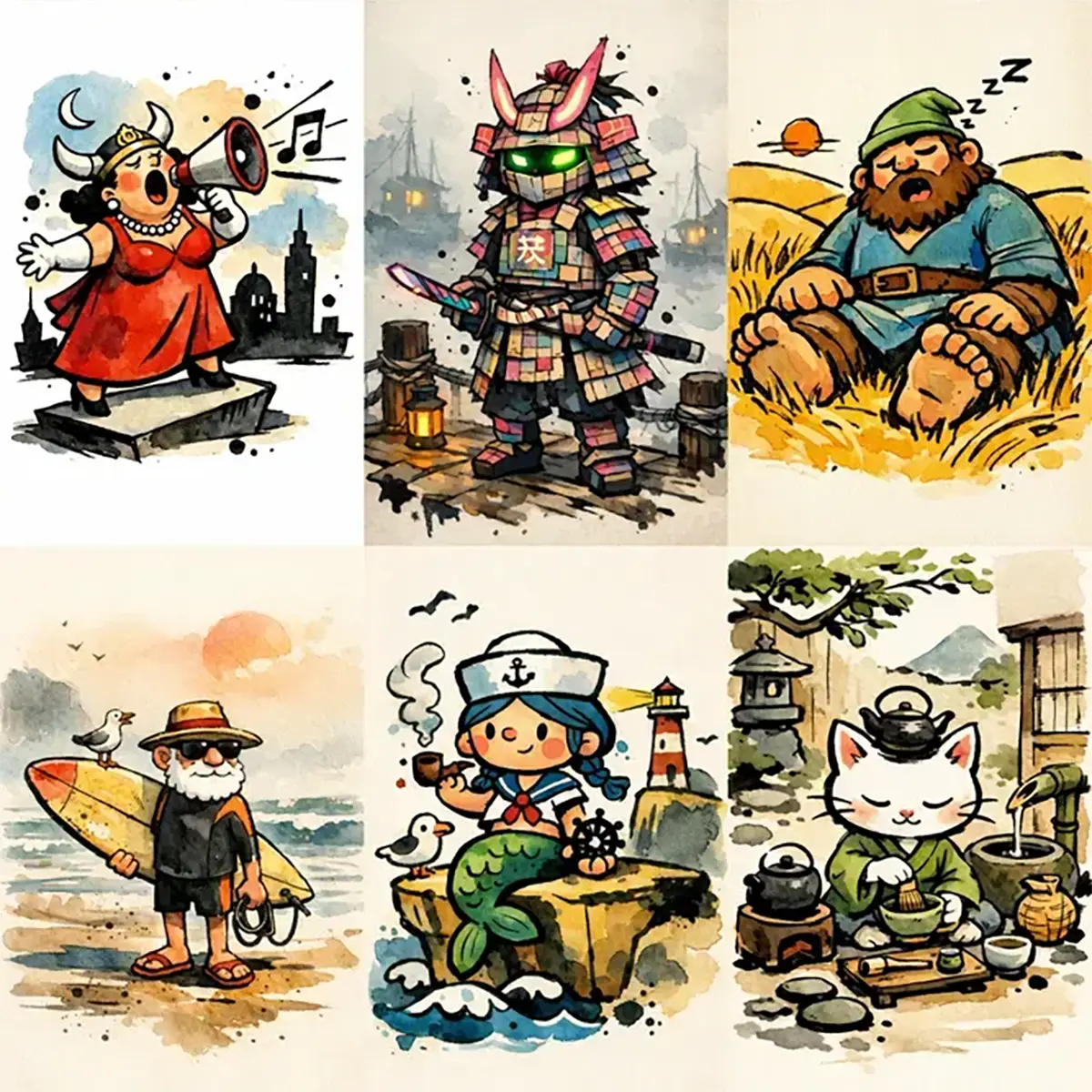 Example output from the Stylized Naive Character Illustrations ChatGPT prompt: a six-panel grid of naive ink and watercolour characters, showing an opera singer, patchwork samurai, sleeping farmer, elderly surfer, sailor mermaid and a cat performing a tea ceremony.