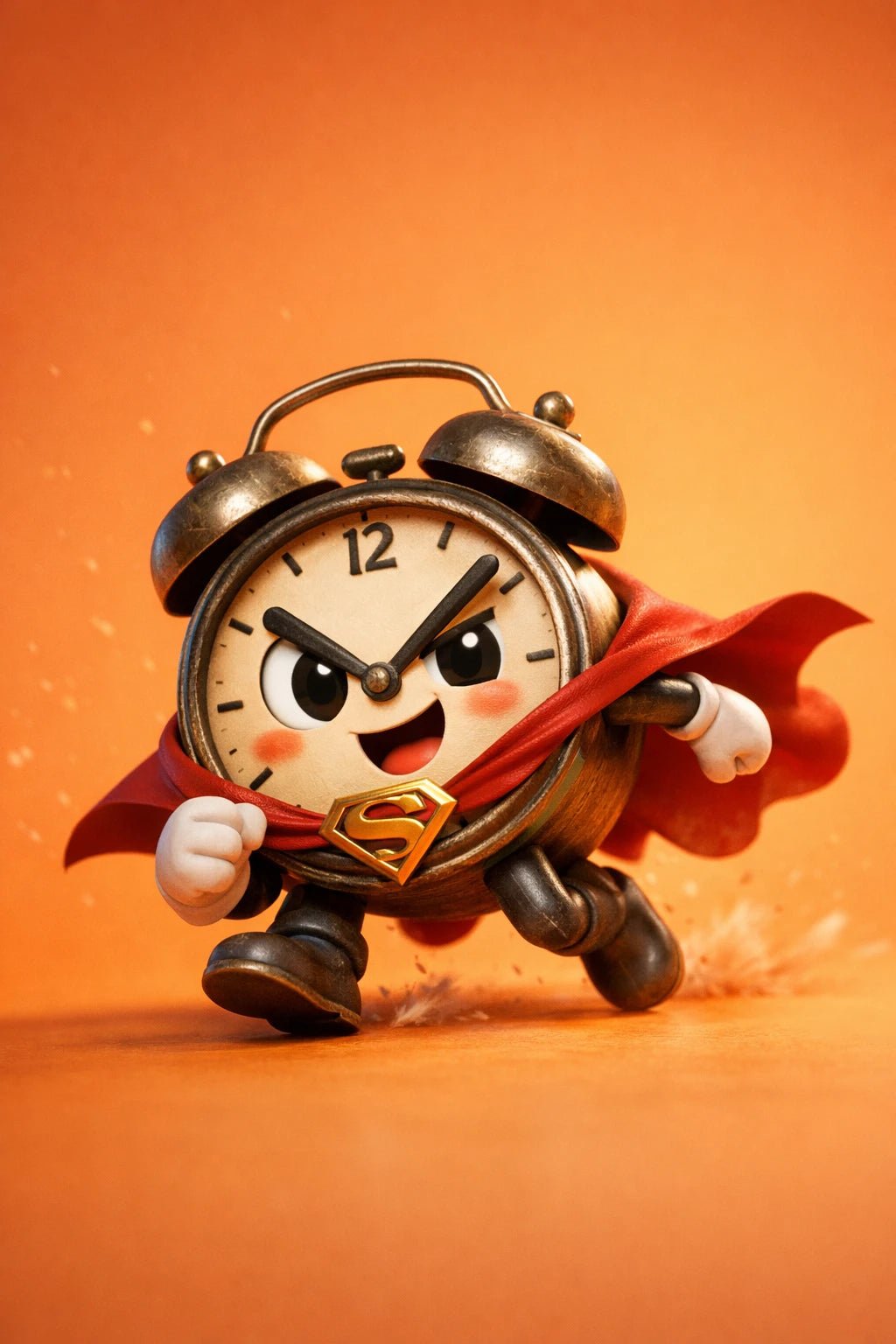Example output from the Stylized Octane 3D Character Renders ChatGPT prompt: a glossy 3D render of an alarm clock superhero character with a red cape on an orange backdrop.