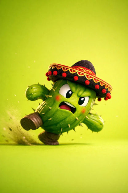 Example output from the Stylized Octane 3D Character Renders ChatGPT prompt: a glossy 3D render of a cactus character in a sombrero running across a lime green backdrop.