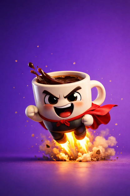 Example output from the Stylized Octane 3D Character Renders ChatGPT prompt: a glossy 3D render of a coffee cup superhero character launching upward with a red cape.