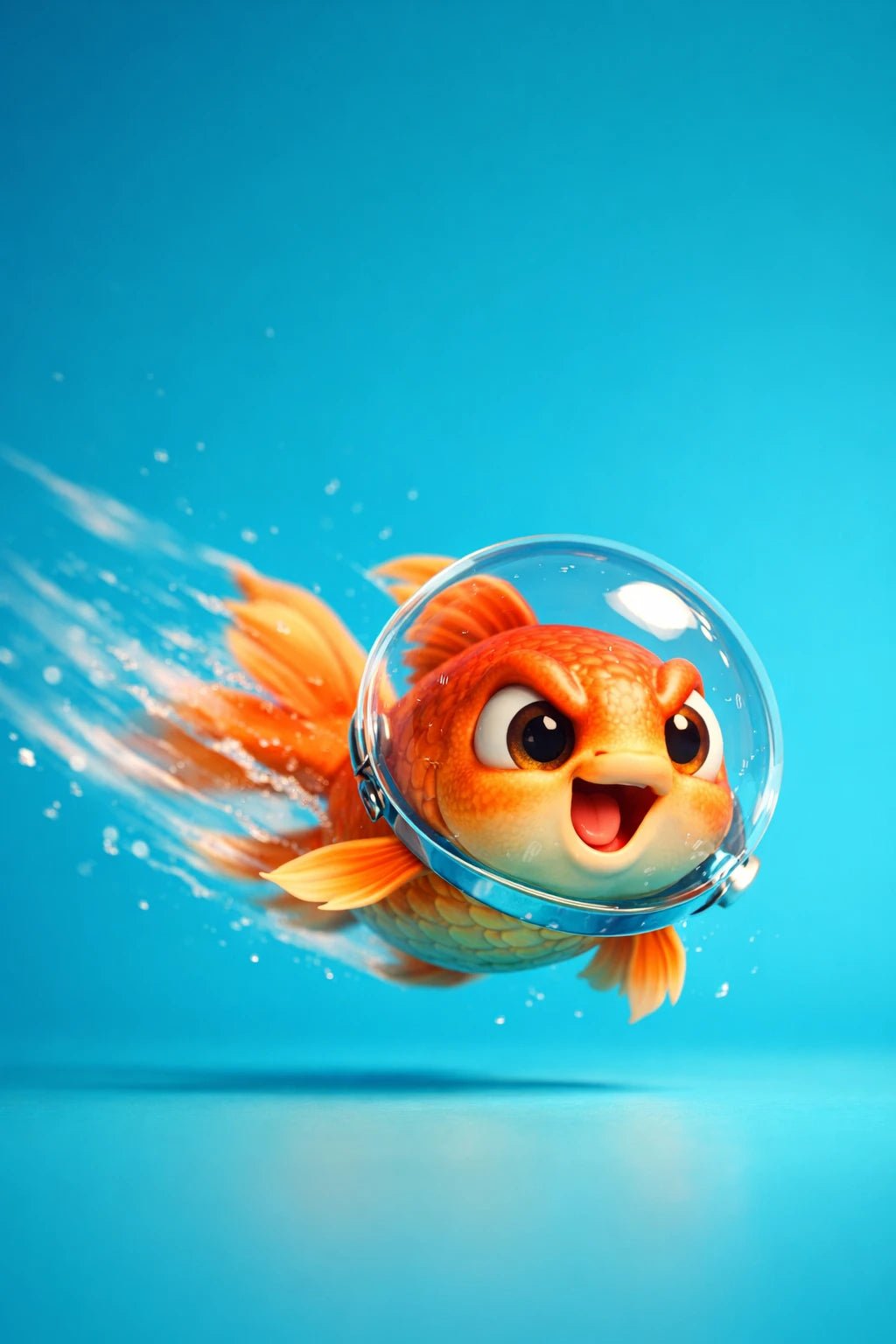 Example output from the Stylized Octane 3D Character Renders ChatGPT prompt: a glossy 3D render of a goldfish character in a bubble helmet swimming through water on blue.