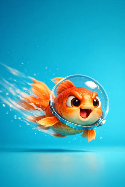 Example output from the Stylized Octane 3D Character Renders ChatGPT prompt: a glossy 3D render of a goldfish character in a bubble helmet swimming through water on blue.