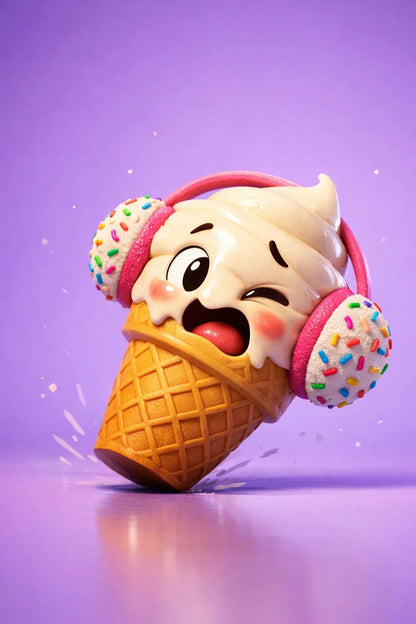 Example output from the Stylized Octane 3D Character Renders ChatGPT prompt: a glossy 3D render of an ice cream cone character wearing pink headphones on a purple backdrop.