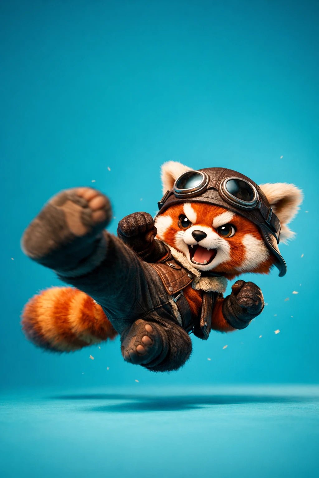 Example output from the Stylized Octane 3D Character Renders ChatGPT prompt: a glossy 3D render of a red panda character with studio lighting and dynamic motion on a saturated backdrop.