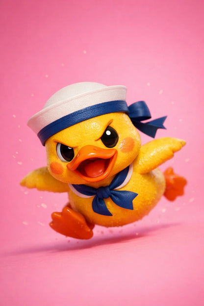 Example output from the Stylized Octane 3D Character Renders ChatGPT prompt: a glossy 3D render of a rubber duck character with studio lighting and dynamic motion on a saturated backdrop.