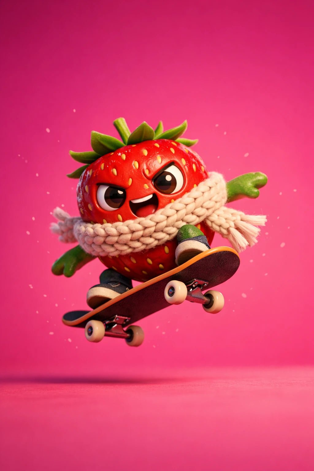 Example output from the Stylized Octane 3D Character Renders ChatGPT prompt: a glossy 3D render of a strawberry character mid-air on a skateboard against a pink backdrop.