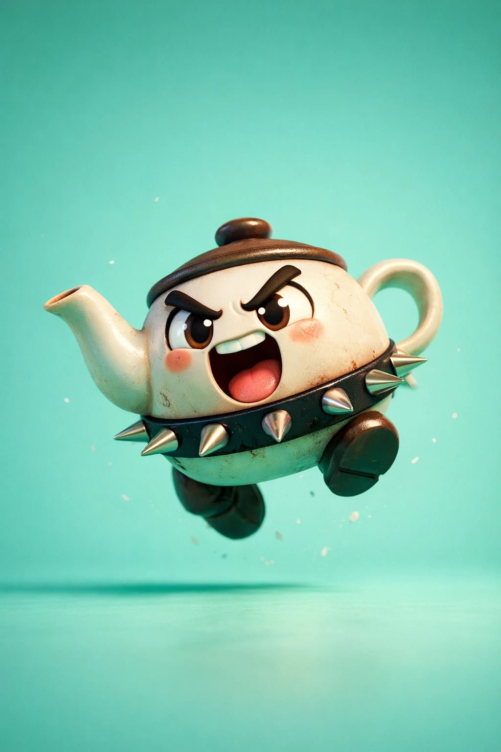 Example output from the Stylized Octane 3D Character Renders ChatGPT prompt: a glossy 3D render of a teapot character with studio lighting and dynamic motion on a saturated backdrop.