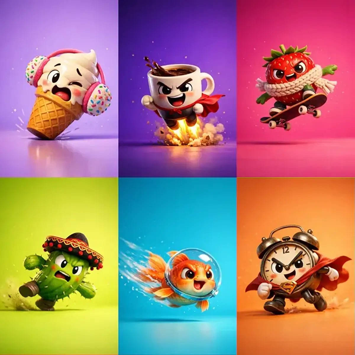 Example output from the Stylized Octane 3D Character Renders ChatGPT prompt: a six-panel grid of glossy 3D character renders on saturated backdrops, showing an ice cream cone in headphones, a flying coffee cup, a skateboarding strawberry, a cactus in a sombrero, a goldfish in a bubble helmet and a caped alarm clock.