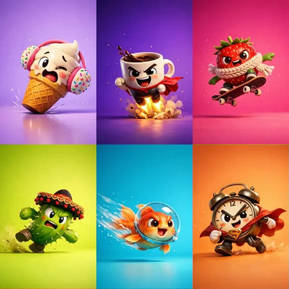 Example output from the Stylized Octane 3D Character Renders ChatGPT prompt: a six-panel grid of glossy 3D character renders on saturated backdrops, showing an ice cream cone in headphones, a flying coffee cup, a skateboarding strawberry, a cactus in a sombrero, a goldfish in a bubble helmet and a caped alarm clock.