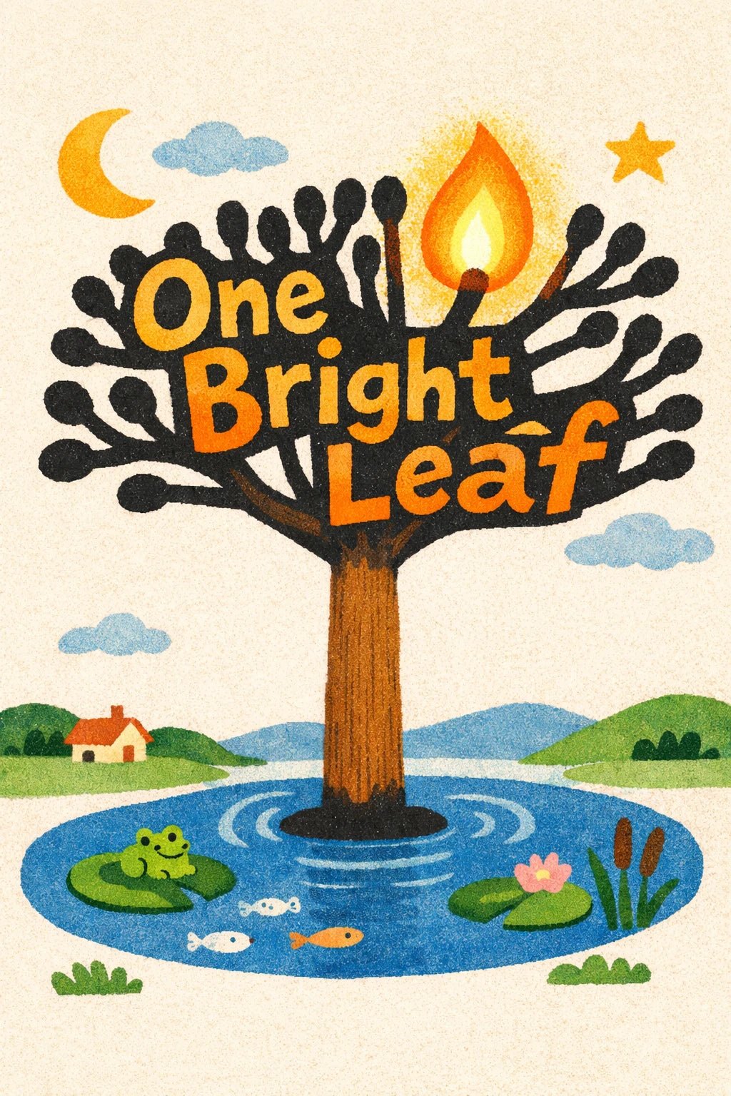 Whimsical poster illustration with surreal childlike doodle scene and chunky hand-drawn typography in bright, playful colors: One Bright Leaf.