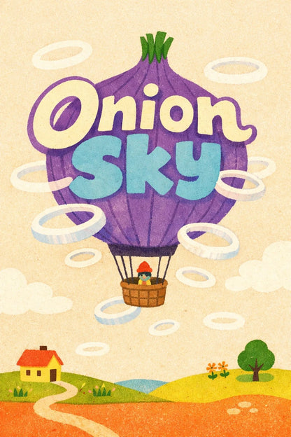 Whimsical poster illustration with surreal childlike doodle scene and chunky hand-drawn typography in bright, playful colors: Onion Sky.