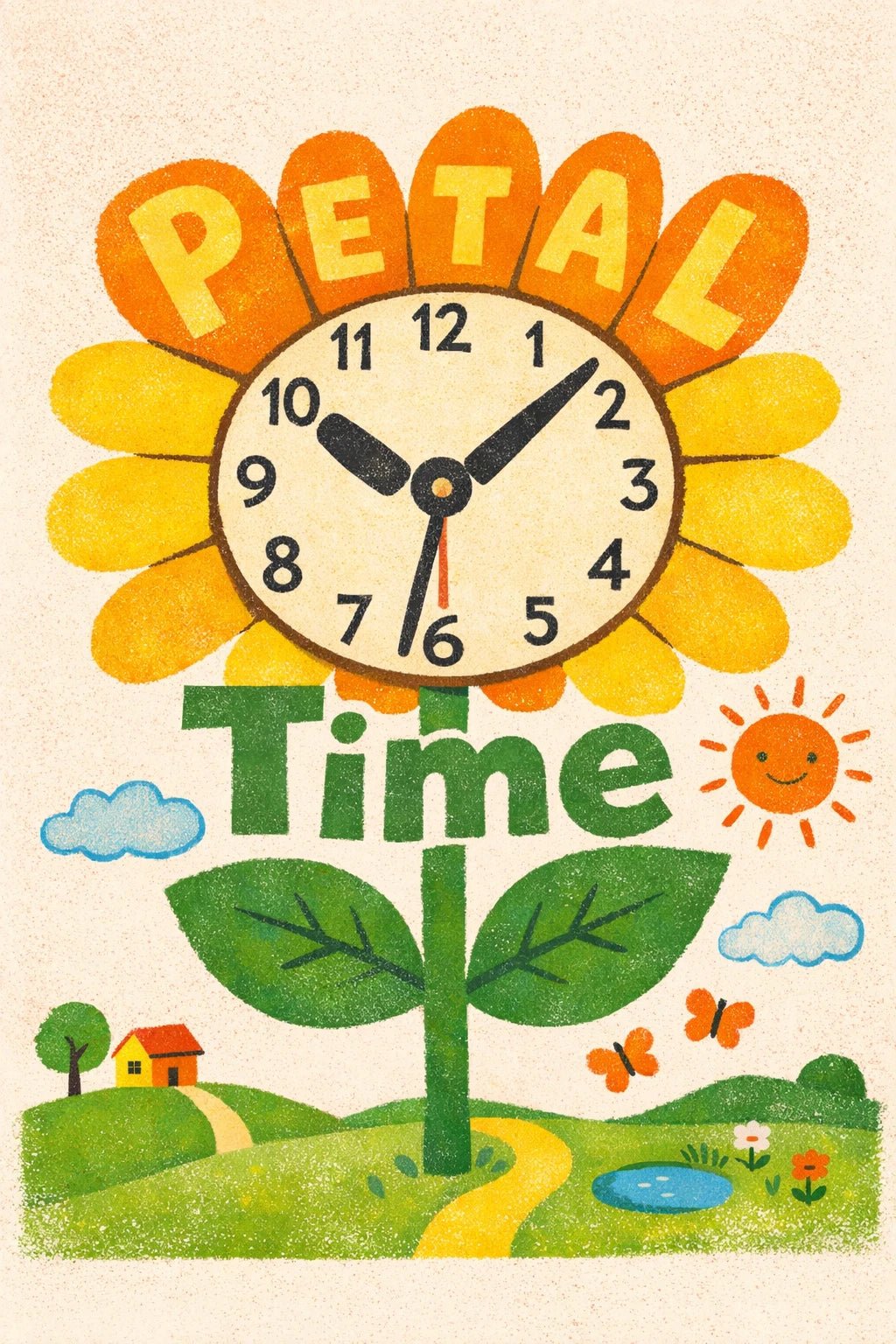Whimsical poster illustration with surreal childlike doodle scene and chunky hand-drawn typography in bright, playful colors: Petal Time.