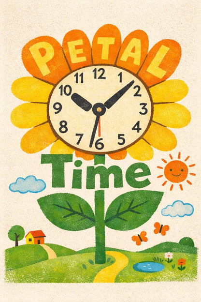 Whimsical poster illustration with surreal childlike doodle scene and chunky hand-drawn typography in bright, playful colors: Petal Time.