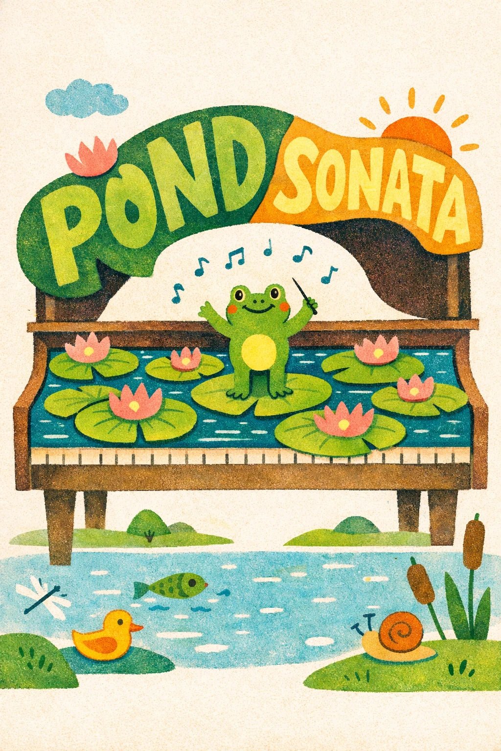 Whimsical poster illustration with surreal childlike doodle scene and chunky hand-drawn typography in bright, playful colors: Pond Sonata.