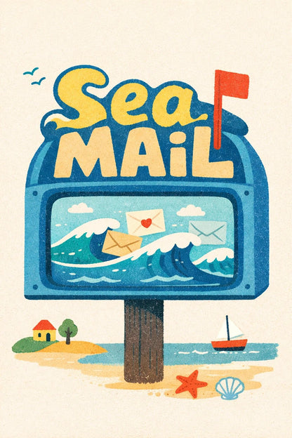 Whimsical poster illustration with surreal childlike doodle scene and chunky hand-drawn typography in bright, playful colors: Sea Mail.