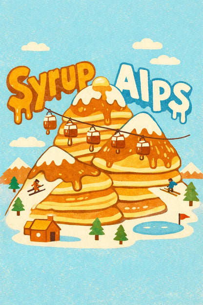 Whimsical poster illustration with surreal childlike doodle scene and chunky hand-drawn typography in bright, playful colors: Syrup Alps.