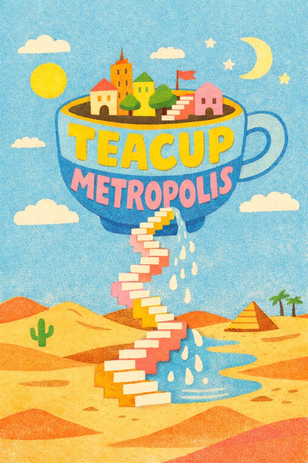 Whimsical poster illustration with surreal childlike doodle scene and chunky hand-drawn typography in bright, playful colors: Teacup Metropolis.
