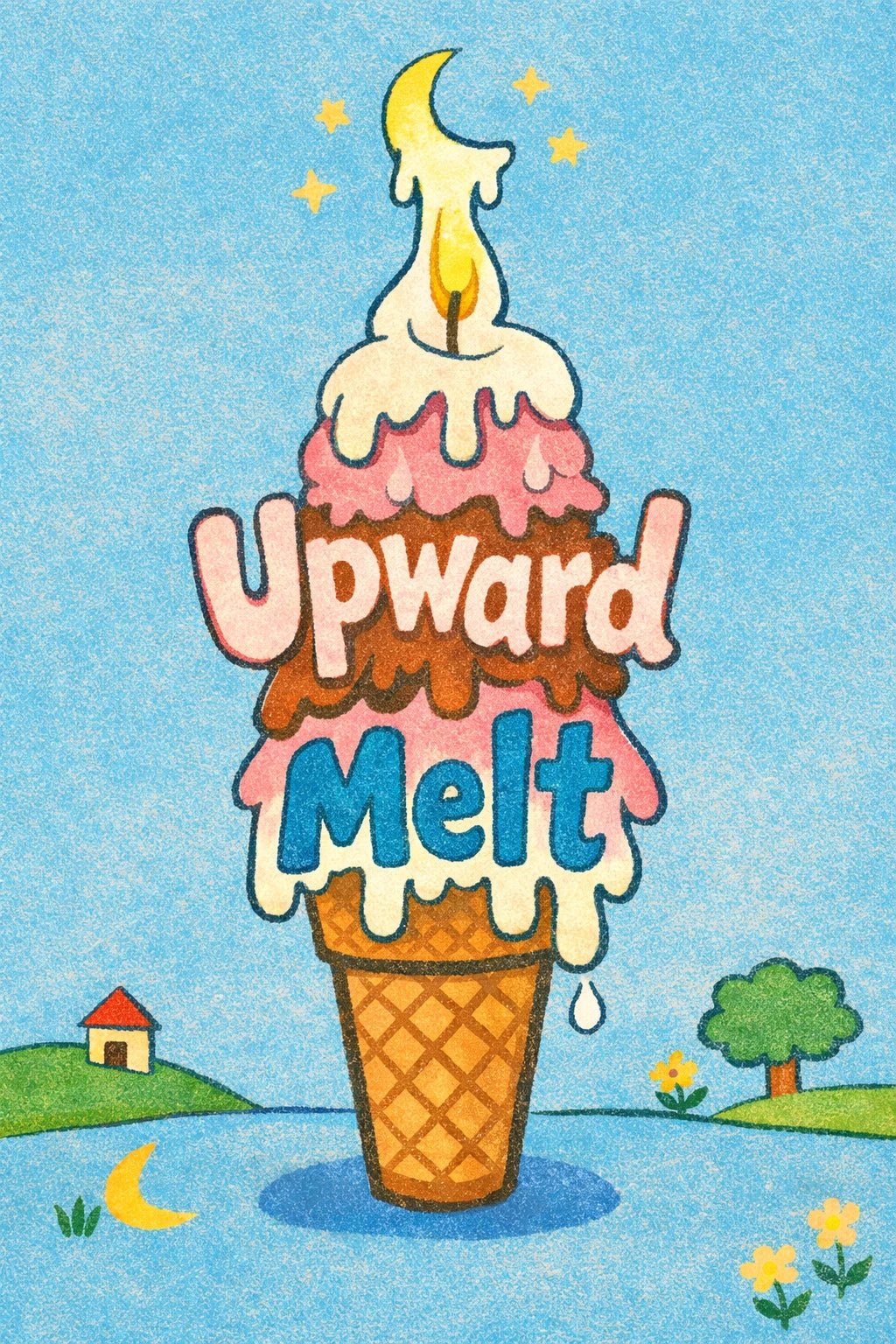 Whimsical poster illustration with surreal childlike doodle scene and chunky hand-drawn typography in bright, playful colors: Upward Melt.