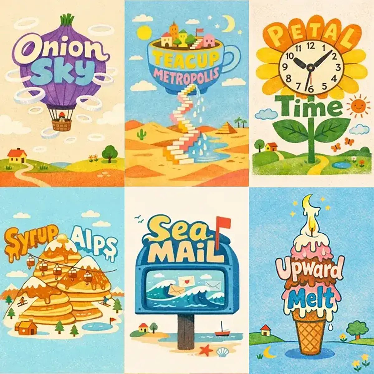 Example output from the Surreal Childlike Typography Art ChatGPT prompt: whimsical poster illustrations with surreal childlike doodle scenes and chunky hand-drawn typography in bright, playful colors.