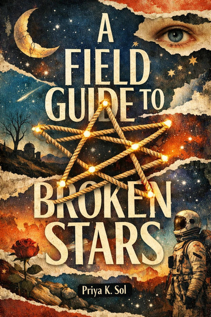 Example output from the Surreal Collage Book Cover Designs ChatGPT prompt: a book cover titled A Field Guide to Broken Stars by Priya K. Sol, with a rope constellation, astronaut and a watching eye.