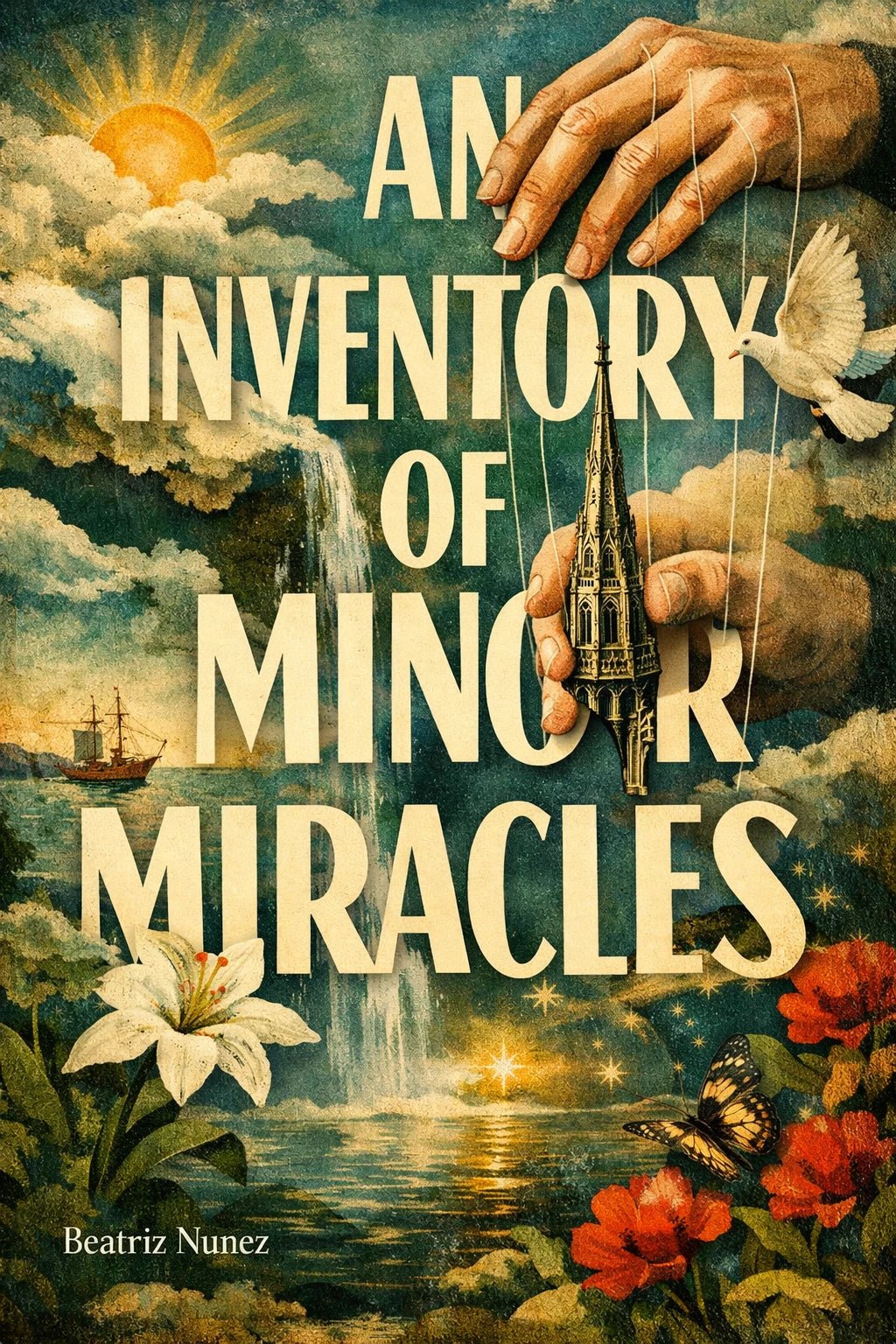 Example output from the Surreal Collage Book Cover Designs ChatGPT prompt: a book cover titled An Inventory of Minor Miracles, in surreal collage style with torn paper layers and oversized display type.