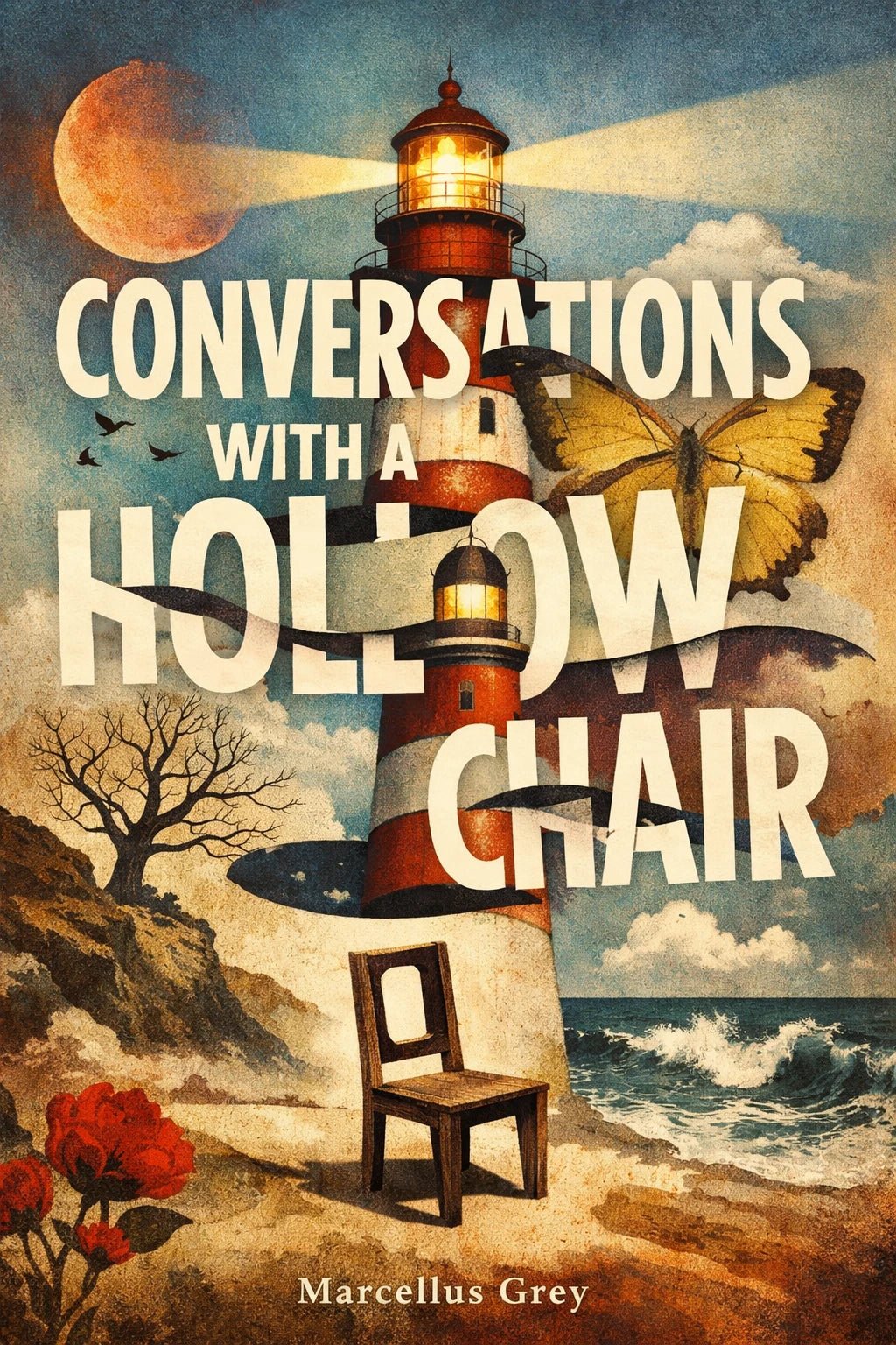 Example output from the Surreal Collage Book Cover Designs ChatGPT prompt: a book cover titled Conversations with a Hollow Chair by Marcellus Grey, with a lighthouse, butterfly and empty wooden chair.