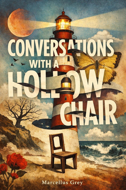 Example output from the Surreal Collage Book Cover Designs ChatGPT prompt: a book cover titled Conversations with a Hollow Chair by Marcellus Grey, with a lighthouse, butterfly and empty wooden chair.