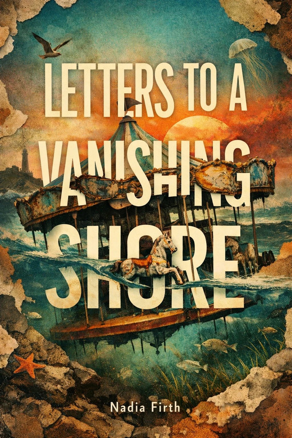 Example output from the Surreal Collage Book Cover Designs ChatGPT prompt: a book cover titled Letters to a Vanishing Shore by Nadia Firth, with a submerged pier and a jellyfish moon.