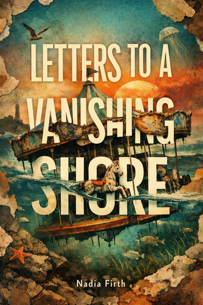 Example output from the Surreal Collage Book Cover Designs ChatGPT prompt: a book cover titled Letters to a Vanishing Shore by Nadia Firth, with a submerged pier and a jellyfish moon.