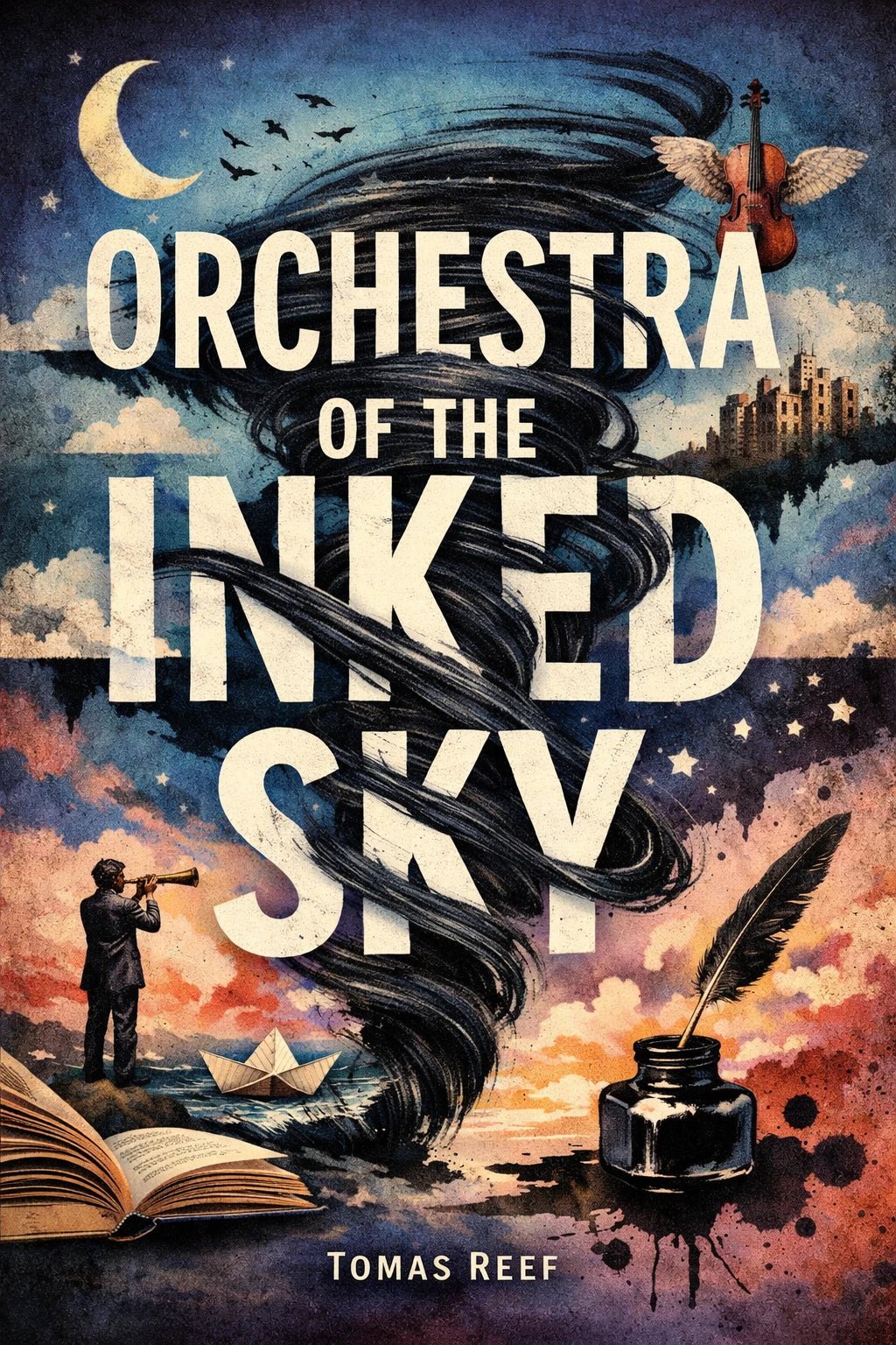 Example output from the Surreal Collage Book Cover Designs ChatGPT prompt: a book cover titled Orchestra of the Inked Sky by Tomas Reef, with an ink tornado, quill and open book in torn collage layers.
