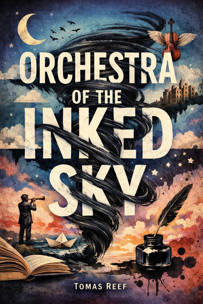 Example output from the Surreal Collage Book Cover Designs ChatGPT prompt: a book cover titled Orchestra of the Inked Sky by Tomas Reef, with an ink tornado, quill and open book in torn collage layers.