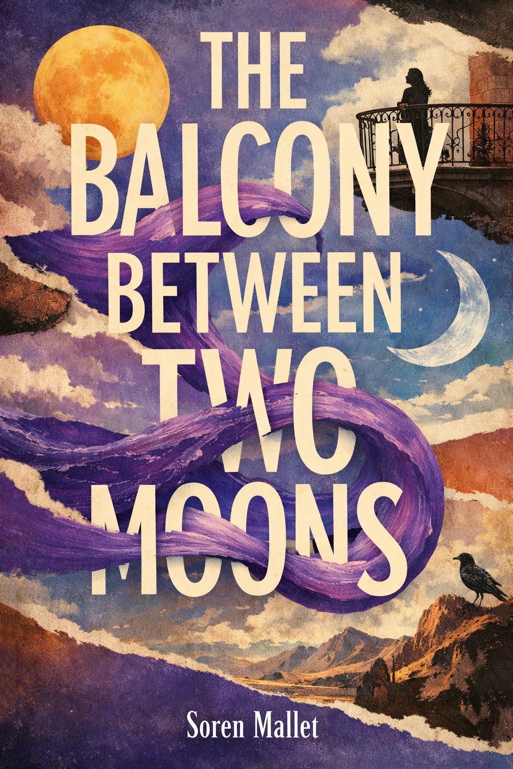 Example output from the Surreal Collage Book Cover Designs ChatGPT prompt: a book cover titled The Balcony Between Two Moons by Soren Mallet, with a purple ribbon of cloud, twin moons and a lone figure.