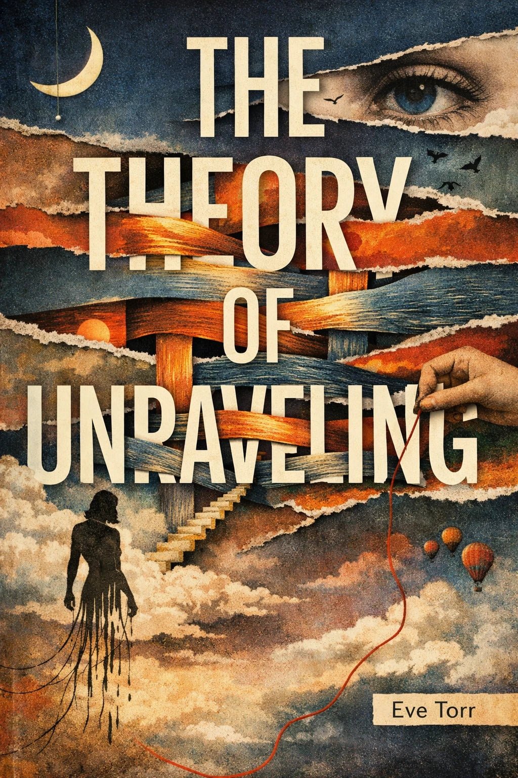 Example output from the Surreal Collage Book Cover Designs ChatGPT prompt: a book cover titled The Theory of Unraveling by Eve Torr, with sliced landscape bands, a staircase and an unravelling figure.