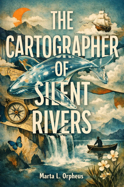 Example output from the Surreal Collage Book Cover Designs ChatGPT prompt: a book cover titled The Cartographer of Silent Rivers, in surreal collage style with torn paper layers and oversized display type.
