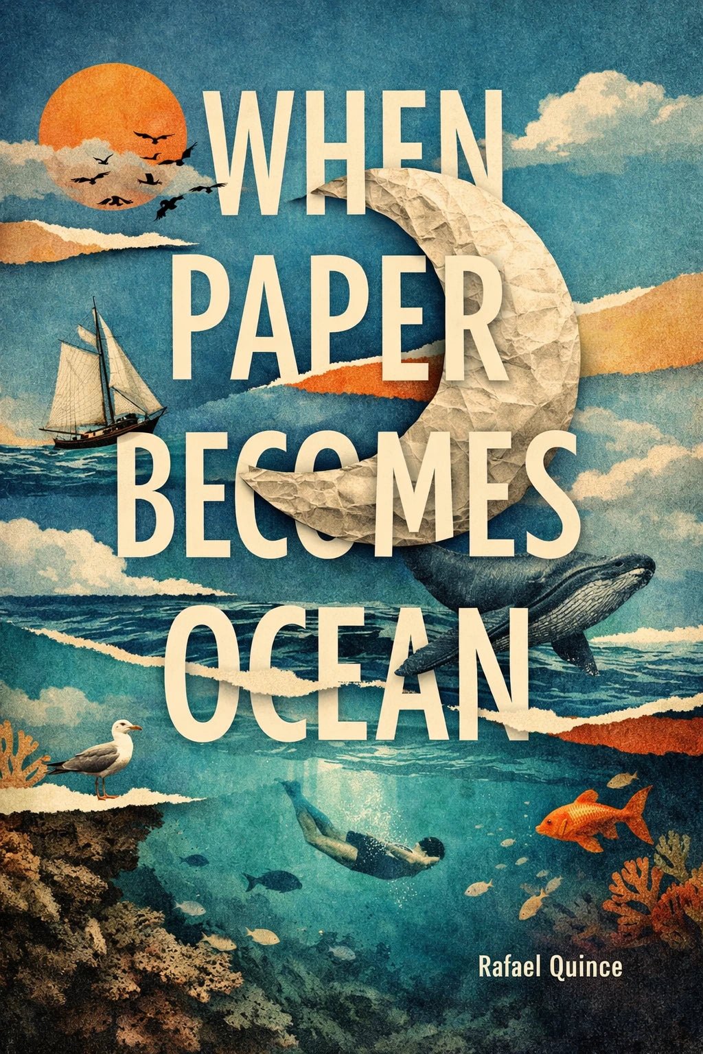 Example output from the Surreal Collage Book Cover Designs ChatGPT prompt: a book cover titled When Paper Becomes Ocean, in surreal collage style with torn paper layers and oversized display type.