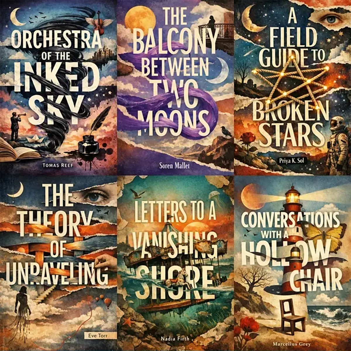 Example output from the Surreal Collage Book Cover Designs ChatGPT prompt: a six-cover grid of surreal collage book covers with torn paper layers and oversized display type, titled Orchestra of the Inked Sky, The Balcony Between Two Moons, A Field Guide to Broken Stars, The Theory of Unraveling, Letters to a Vanishing Shore and Conversations with a Hollow Chair.