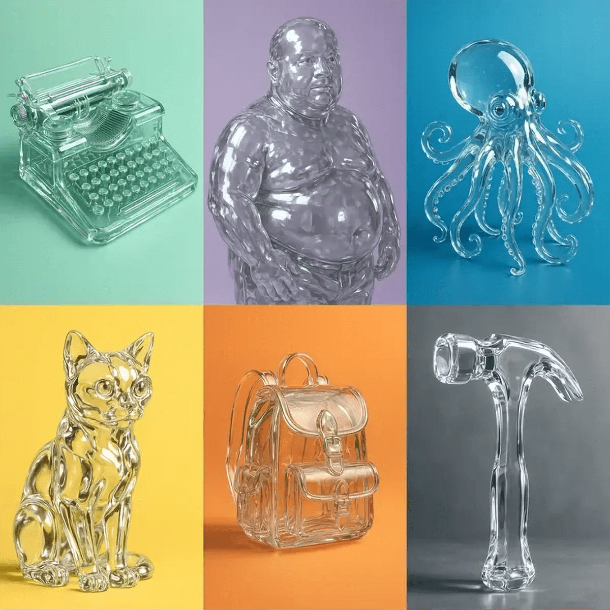 Example output from the Surreal Crystal Subject Portraits ChatGPT prompt: hyper-realistic 3D renders of objects and figures in transparent crystal, featuring glossy reflections, mid-distance views, and colorful backdrops with soft studio lighting.