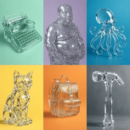 Example output from the Surreal Crystal Subject Portraits ChatGPT prompt: hyper-realistic 3D renders of objects and figures in transparent crystal, featuring glossy reflections, mid-distance views, and colorful backdrops with soft studio lighting.