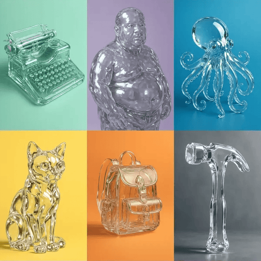 Example output from the Surreal Crystal Subject Portraits ChatGPT prompt: hyper-realistic 3D renders of objects and figures in transparent crystal, featuring glossy reflections, mid-distance views, and colorful backdrops with soft studio lighting.