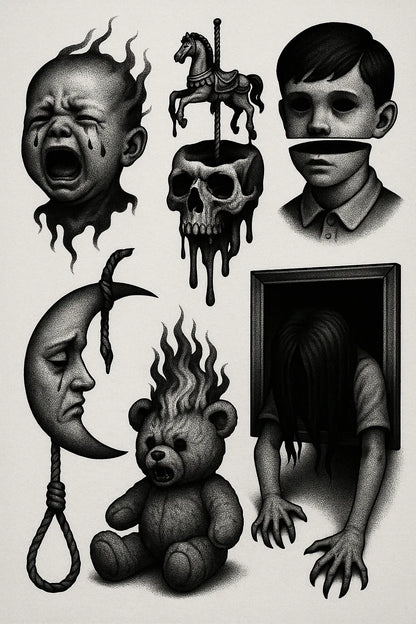 Example output from the Surreal Flash Tattoos in Black & White ChatGPT prompt: eerie monochrome illustration. Preview 5.
