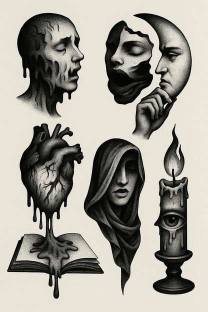 Example output from the Surreal Flash Tattoos in Black & White ChatGPT prompt: eerie monochrome illustration. Preview 7.