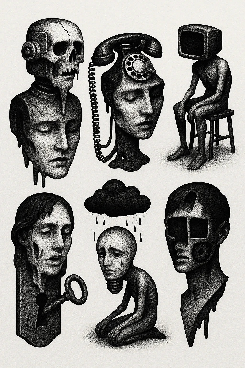 Example output from the Surreal Flash Tattoos in Black & White ChatGPT prompt: eerie monochrome illustration. Preview 8.