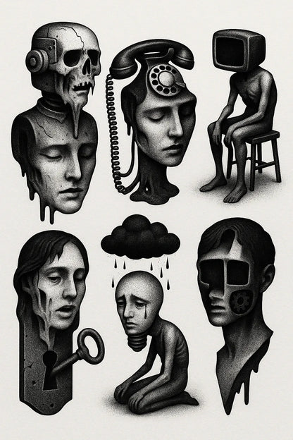Example output from the Surreal Flash Tattoos in Black & White ChatGPT prompt: eerie monochrome illustration. Preview 8.
