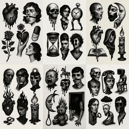 Example output from the Surreal Flash Tattoos in Black & White ChatGPT prompt: eerie monochrome illustrations of melting skulls, cracked hearts, abstract faces, and metaphysical objects rendered in bold, high-contrast shading and minimalist layout on flash-style sheets.