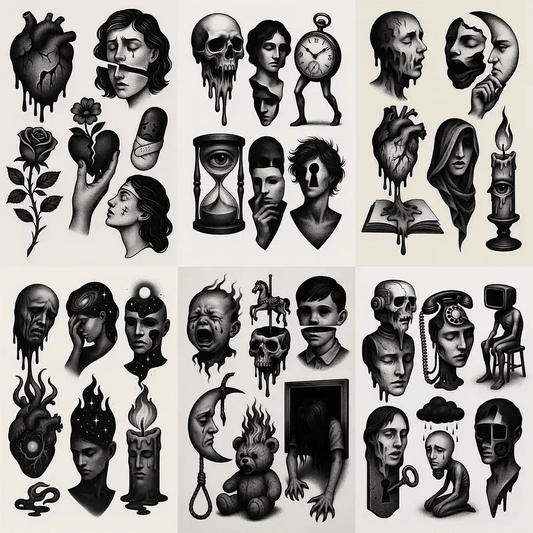 Example output from the Surreal Flash Tattoos in Black & White ChatGPT prompt: eerie monochrome illustrations of melting skulls, cracked hearts, abstract faces, and metaphysical objects rendered in bold, high-contrast shading and minimalist layout on flash-style sheets.