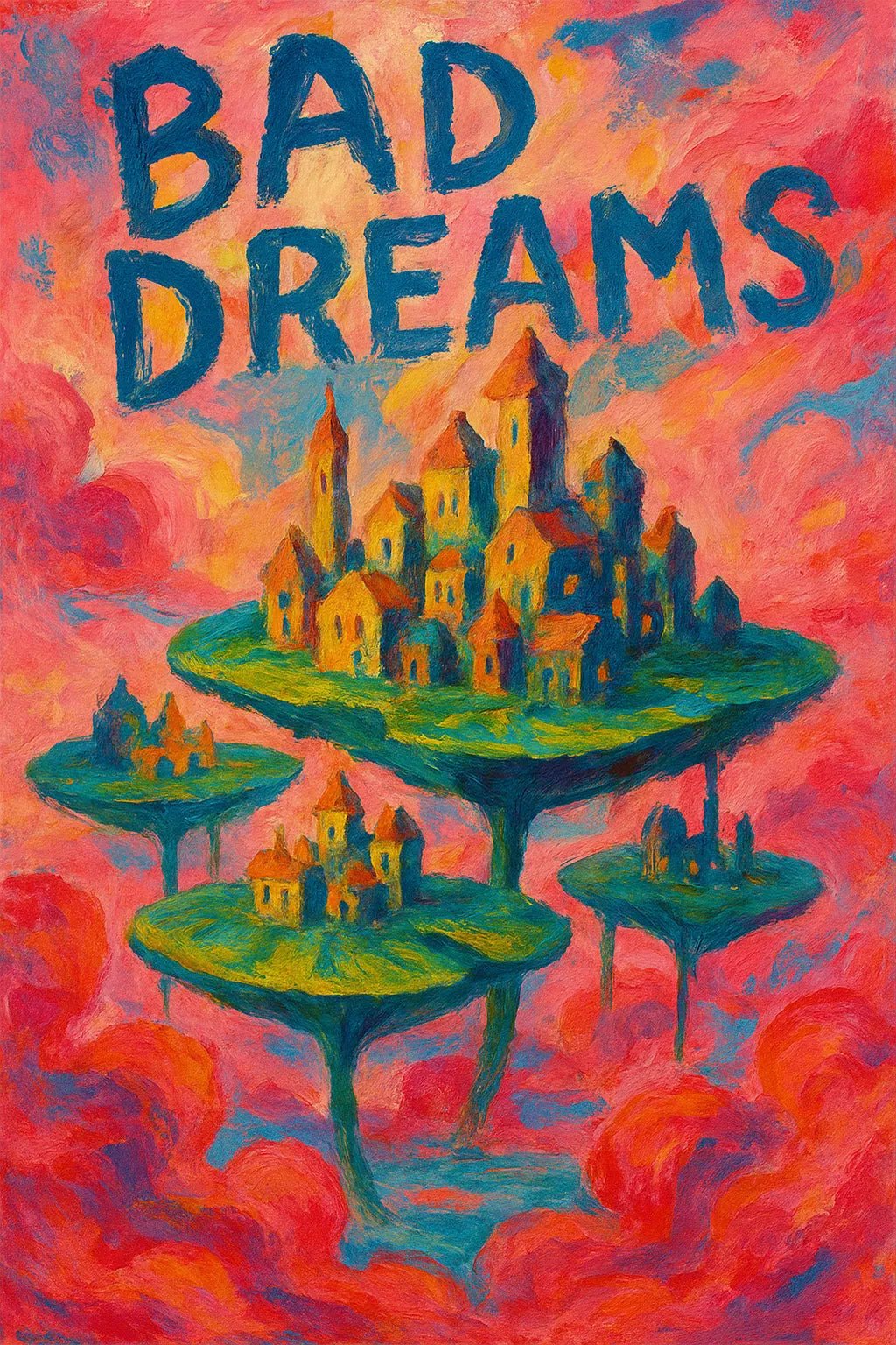 Example output from the Surreal Gouache Fantasy Poster ChatGPT prompt: Bad Dreams.