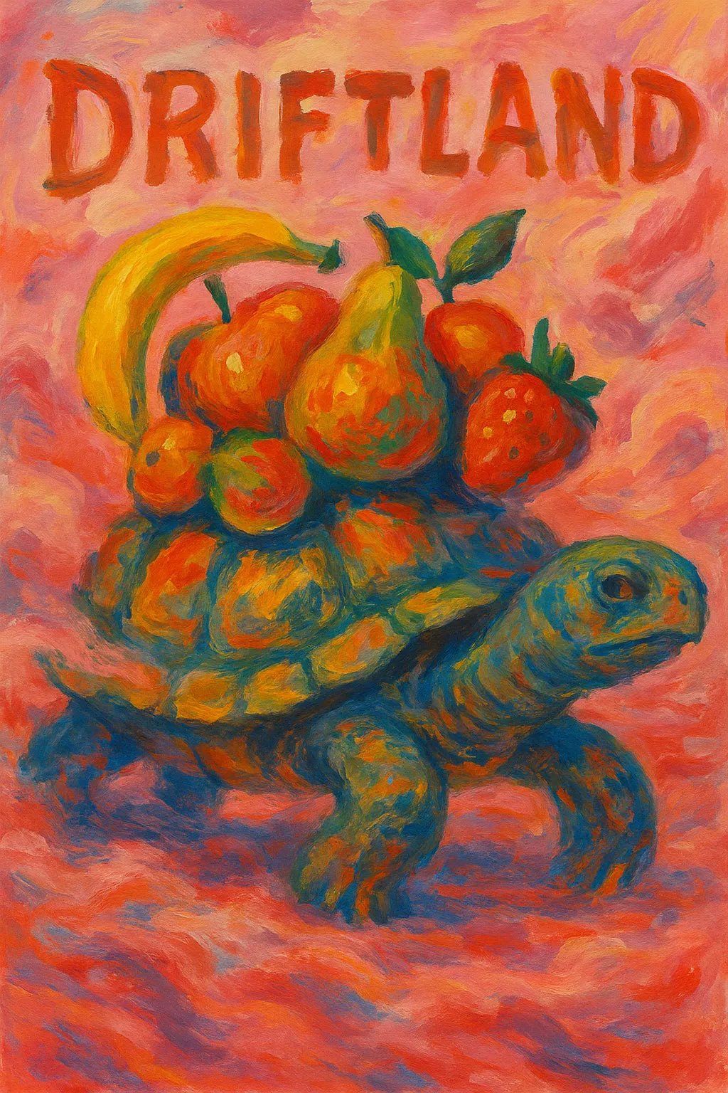 Example output from the Surreal Gouache Fantasy Poster ChatGPT prompt: Driftland.