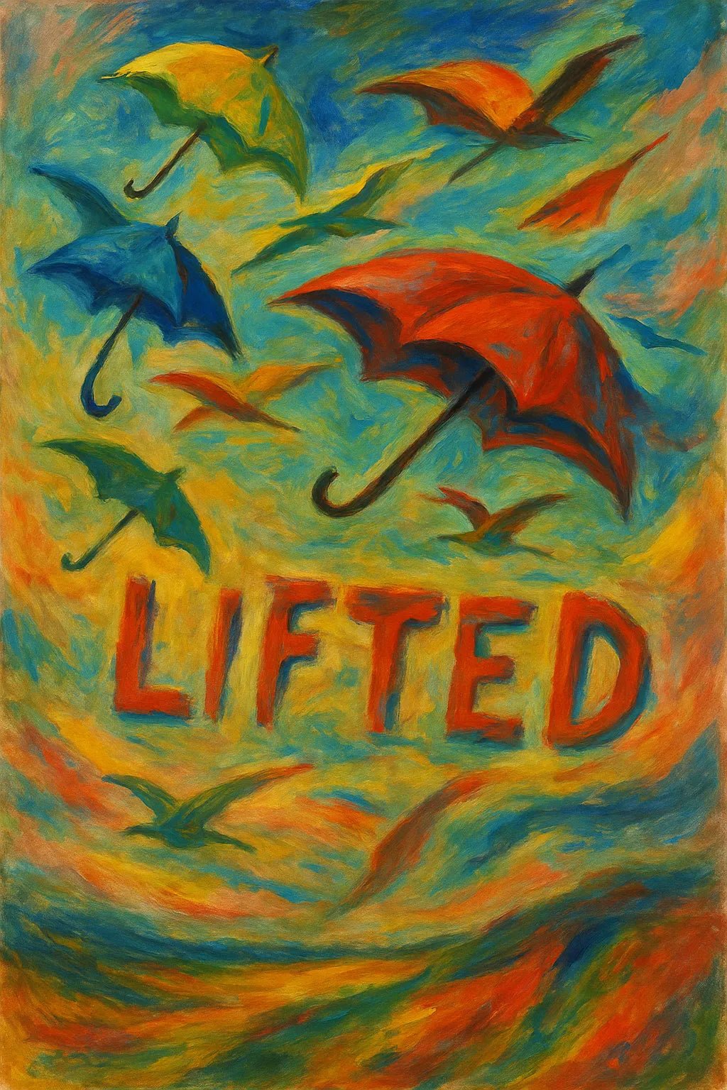 Example output from the Surreal Gouache Fantasy Poster ChatGPT prompt: Lifted.