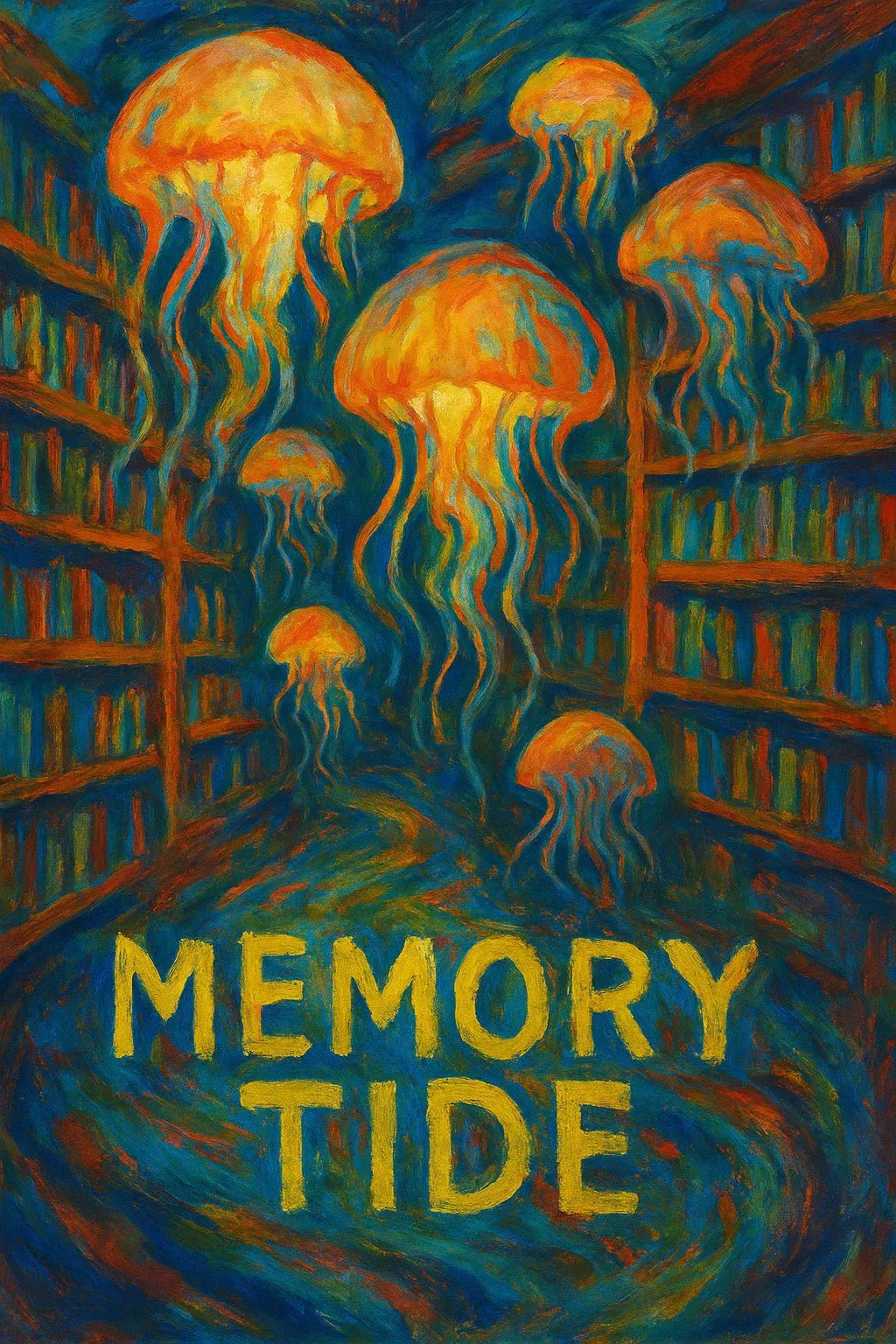Example output from the Surreal Gouache Fantasy Poster ChatGPT prompt: Memory Tide.